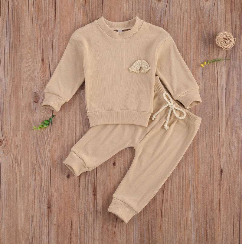 Baby Solid Color Neutral Nude Pant and Sweatshirt Set with Boho Rainbow Boy Or Girl Outfit