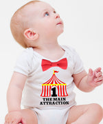 Circus First Birthday Outfit Boy, Circus Tent with Number One, Red and White Stripe Suspenders Bow Tie, Colorful Dots, Carnival Party Shirt Circus First Birthday Onesie