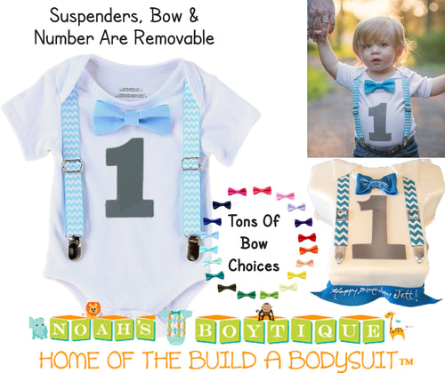 Blue Chevron Noah's Boytique Bodysuit Suspenders - Snap on Suspenders - Suspender Outfit - Baby Suspenders - Newborn Suspender