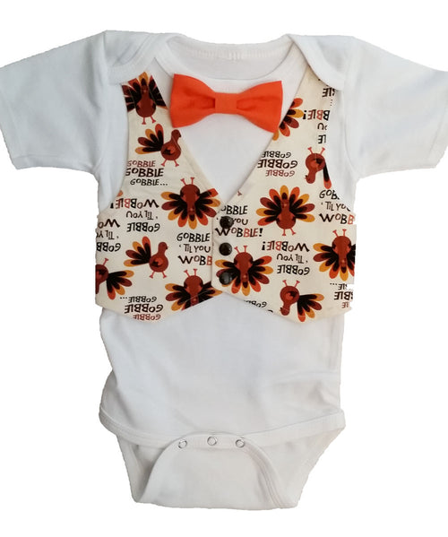Thanksgiving Outfit Baby Boy Gobble Til You Wobble - Turkey - Thanksgiving Shirt - Fall Baby Boy Clothes - Pumpkin Patch - Vest Bow Tie