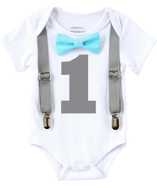 Boys First Birthday Outfit - Baby Boy Birthday Clothes -1st Birthday - Grey Blue Aqua Birthday - First Birthday - Suspenders Bow Tie - Shirt - Noah's Boytique  - Baby Boy First Birthday Outfit