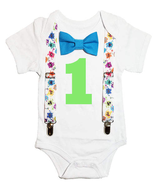 monster first birthday outfit bow tie suspenders cake smash