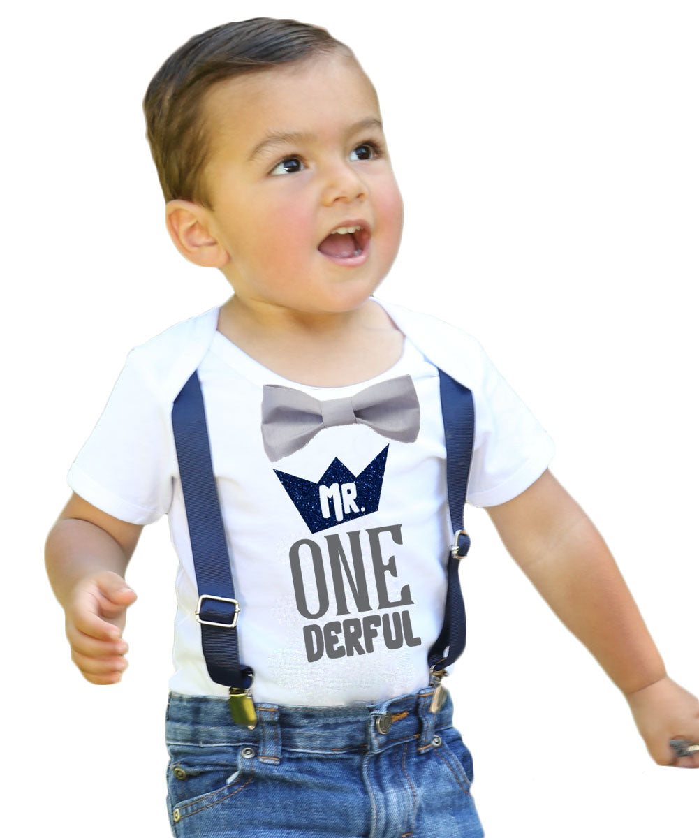 Mr Onederful First Birthday Shirt Navy and Grey with Suspenders