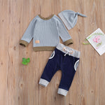 Boys 3 Piece Set Long Sleeve Waffle Pullover Striped Navy Blue and White Pants with Hat