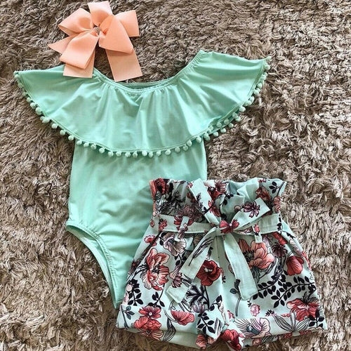 Summer baby girls clothing Toddler Baby Girls Sleeveless Solid Tassels Ruffle Romper Floral bow knot Shorts Set Outfit