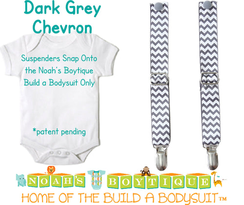 Dark Grey Gray Chevron Noah's Boytique Bodysuit Suspenders - Snap on Suspenders - Suspender Outfit - Baby Suspenders - Newborn Suspender - Noah's Boytique Suspenders - Baby Boy First Birthday Outfit