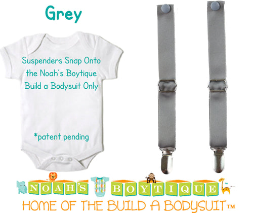 Grey Noah's Boytique Bodysuit Suspenders - Snap on Suspenders - Suspender Outfit - Baby Suspenders - Newborn Suspenders - Gray