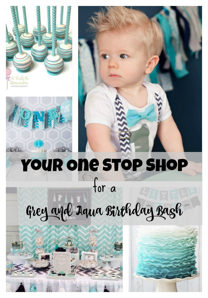 Grey and Aqua First Birthday Party Ideas and Outfit Inspiration