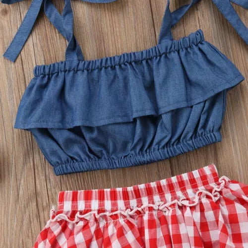 baby girl spring summer red and white gingham plaid check bloomers and denim top country rustic