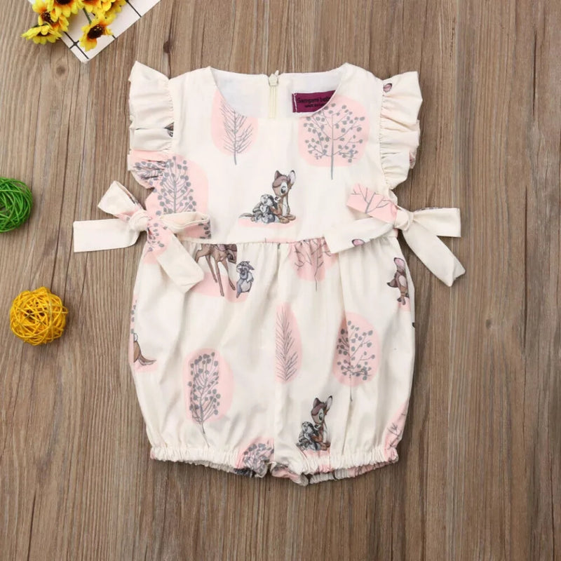 Baby Girl Deer Vintage Bambi Inspired Flower Cotton Soft Romper with Pink Bows
