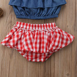 Baby Girl Spring Summer Clothes Red and White Gingham Check Bloomers and Denim Top
