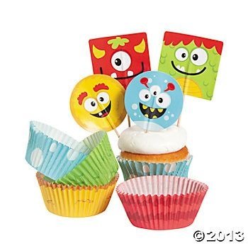 Bakery Supplies - Silly Monster Cupcake Picks and Baking Cups (1-Pack of 100)