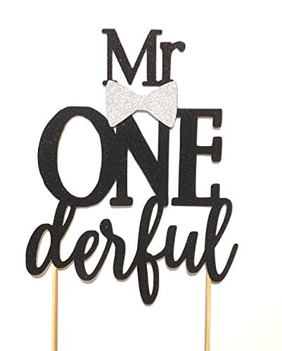1 pc Mr ONE derful onederful Black Glitter Cake Topper bow tie first Birthday boy Baby shower cake smash party