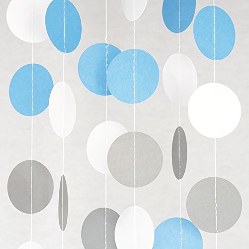 Chloe Elizabeth Circle Dots Paper Party Garland Streamer Backdrop (10 Feet Long) - Blue, Gray, White