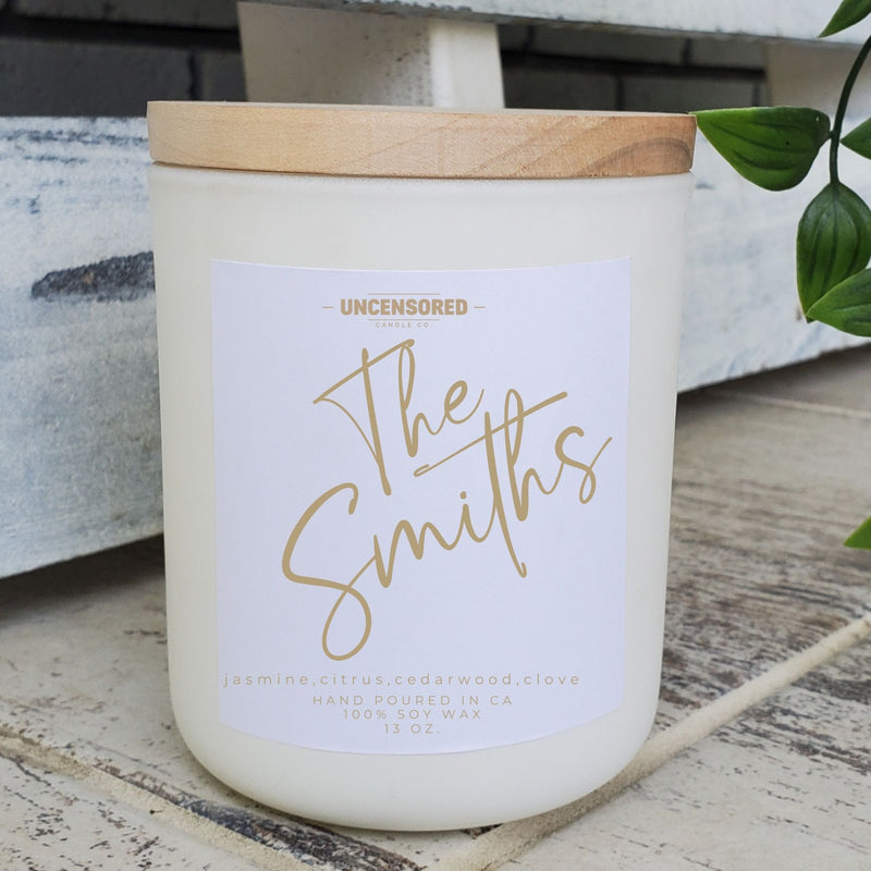 personalized last name candle wedding engagement bridal shower giftLuxury Candle Gift for Her Him Funny Gift for moms home decor wooden wick candles with funny sayings  wooden top white matte