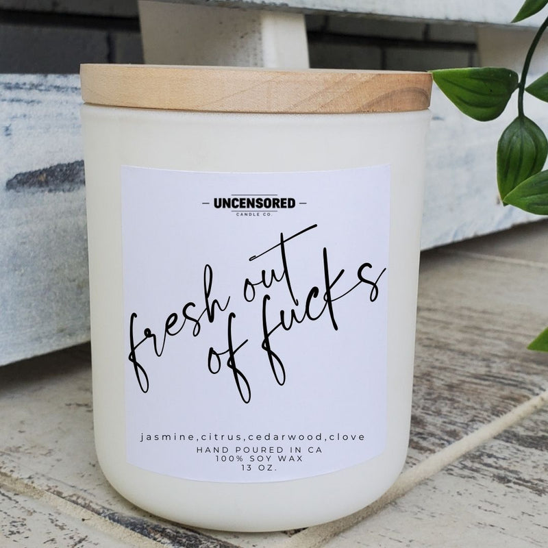 Fresh Out of Fucks Luxury Candle Gift for Her Him Funny Gift luxury wooden wick candles with funny sayings  wooden top white