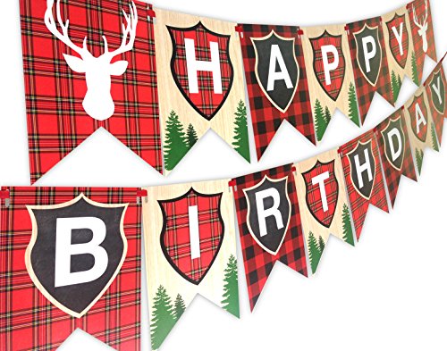 Woodland Reindeer Happy Birthday Banner Pennant Camping Party Banner by POP parties
