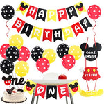 Mickey Themed 1st Birthday Party Supplies - Mickey and Minnie Party Decorations Welcome Sign Door Hanger Black Red Yellow for First Birthday