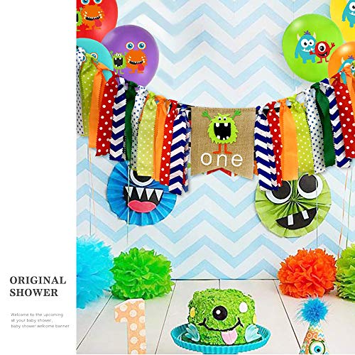 Full Win Shop Cartoon Monster Theme First Birthday Party Decorations- Funny Monster One High Chair Banner, Baby Boy Photo Photo Booth Birthday Party Supplies Decorations