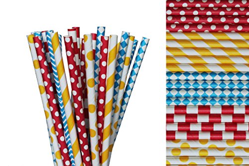 Circus Paper Straw Mix - Yellow, Blue, Red, Polka Dot, Striped, Diamonds (50)