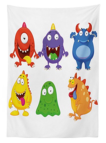 Ambesonne Funny Decor Tablecloth, Comic Cartoon Monsters with Smiley Faces Little Freaky Mascots Illustration Kids Humor Decor, Rectangular Table Cover for Dining Room Kitchen, 52x70 Inches, Multi