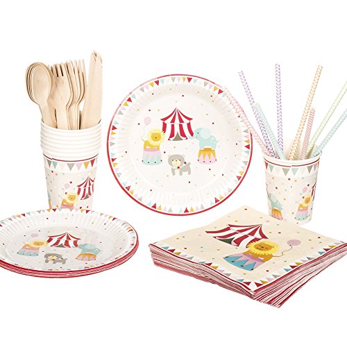Circus Birthday Party Tableware Set,RiscaWin Party Set Supplies for 8, Paper Plates,Paper Cups,Paper Straws,Napkins,Wooden Forks,Wooden Knives,Wooden Spoon– Complete Party Pack(Circus)