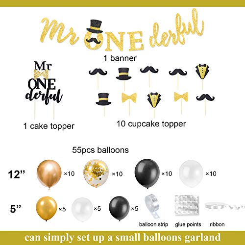 Hombae Mr Onederful Birthday Decorations Supplies Kit, Mr. Onederful 1st Birthday Boy Party Decorations, Dapper Themed Bday Banner, Cake Topper, Black & Gold Balloons Garland