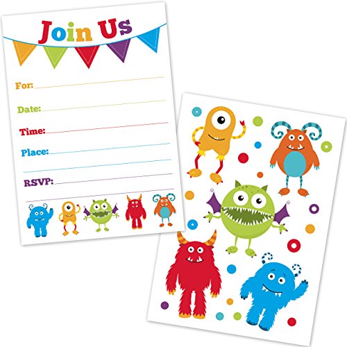Cute Monster Birthday Party Invitations for Kids - (20 Count with Envelopes)