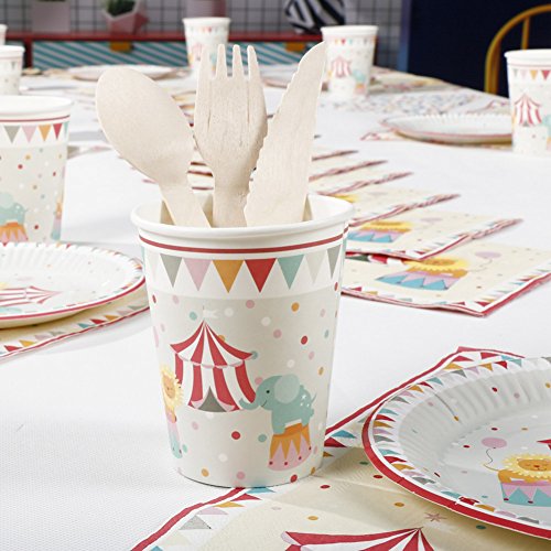 Circus Birthday Party Tableware Set,RiscaWin Party Set Supplies for 8, Paper Plates,Paper Cups,Paper Straws,Napkins,Wooden Forks,Wooden Knives,Wooden Spoon– Complete Party Pack(Circus)