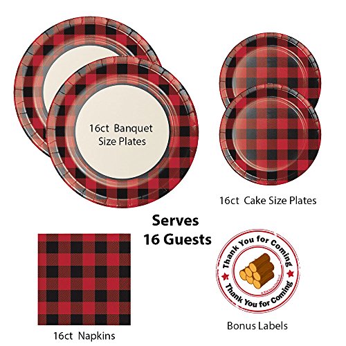 Buffalo Plaid Party Supplies, 16 guests, Large Banquet Size plates, cake plates and napkins, labels