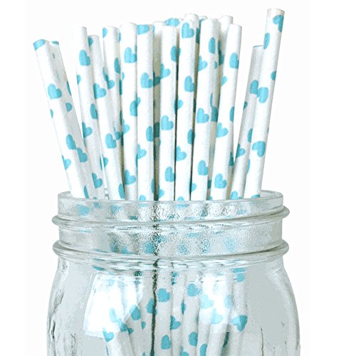 Just Artifacts - Decorative Paper Straws 100pcs - Heart Pattern - Aqua Blue - Decorative Paper Straws for Birthday Parties, Weddings, Baby Showers, and Life Celebrations!