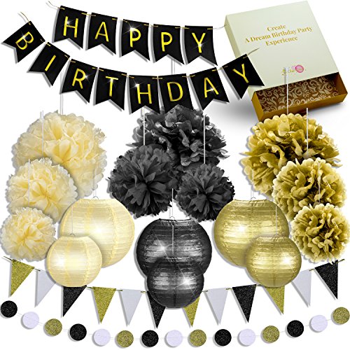 31 Pcs of Black Gold and Cream Birthday Party Decoration Set PomPom Lanterns Polka Dot Triangle Garland Banner (black)