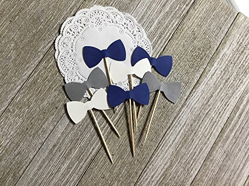 Navy Blue Grey and White Bowtie Cupcake Toppers - Food Picks - Party Picks - Baby Shower Toppers - Bow tie Toppers (Set of 24)