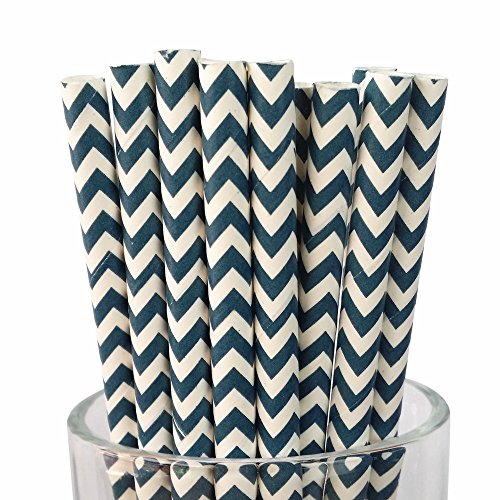MY PAPER Decorative Paper Straws Gold Pink Blue Grey Red Black Yellow Teal Mint Chevron Pattern 7.75 Inch 25 PCS For Christmas Party (Navy Blue)