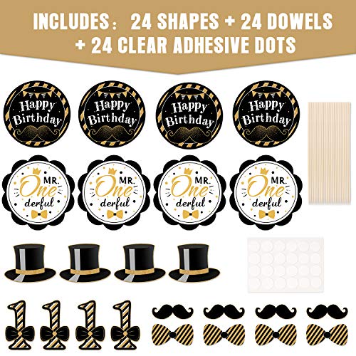 24Pack Mr Onederful Centerpiece Sticks Table Toppers Little Man First Birthday Party Decorations, Black and Gold Party Favor Table Decoration Mustache Party Decor