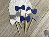 Navy Blue Grey and White Bowtie Cupcake Toppers - Food Picks - Party Picks - Baby Shower Toppers - Bow tie Toppers (Set of 24)