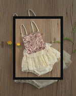 Baby Girl Rose Gold Sequin and Beige Lace Romper Shabby Chic Rustic Outfit