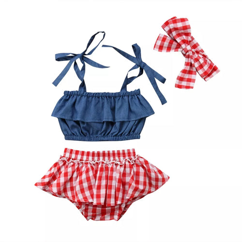 baby girl spring summer red and white gingham plaid check bloomers and denim top country rustic