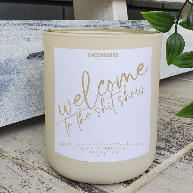 welcome to the shit show Luxury Candle Gift for Her Him Funny Gift for moms home decor wooden wick candles with funny sayings  wooden top cream beige