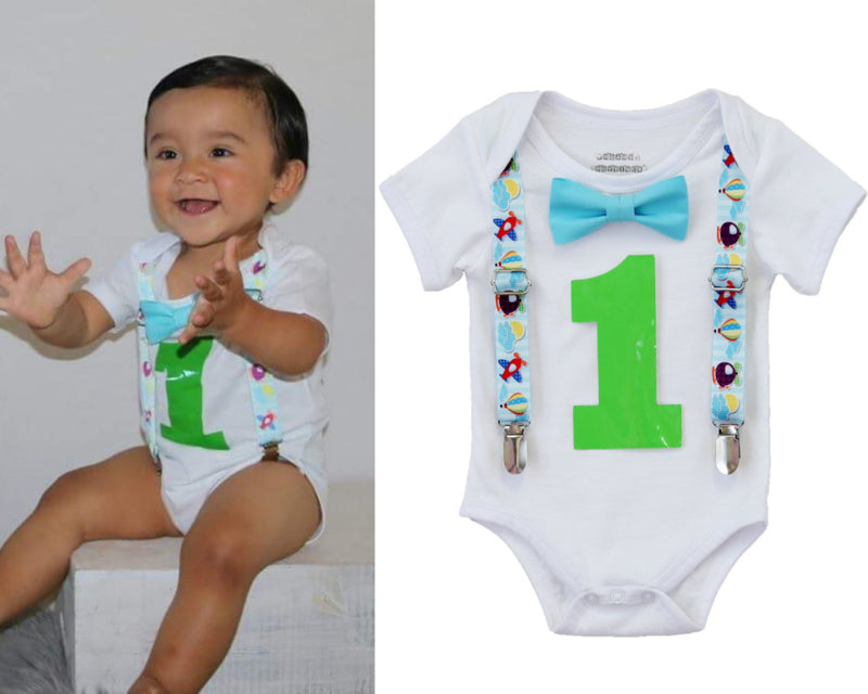 Airplane Birthday Party Outfit - First Birthday - Hot Air Balloon - 1st Birthday - Plane Theme - Airplane - Plane Shirt - Aqua - Lime - Noah's Boytique  - Baby Boy First Birthday Outfit