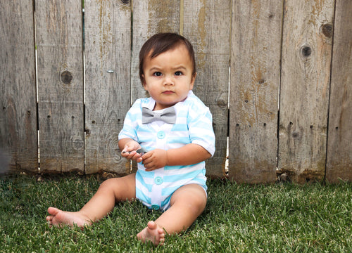 Baby Boy Cardigan Outfit with Bow Tie Aqua Blue and Grey - Preppy Baby Outfit - Short Sleeve - Baby Boy Clothes - Stripes - Summer - Spring - Cardigan Onesie - Noah's Boytique