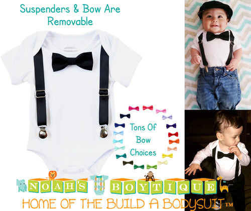 Black Noah's Boytique Bodysuit Suspenders - Snap On - Suspender Outfit - Baby Suspenders - Newborn Suspenders - Interchangeable