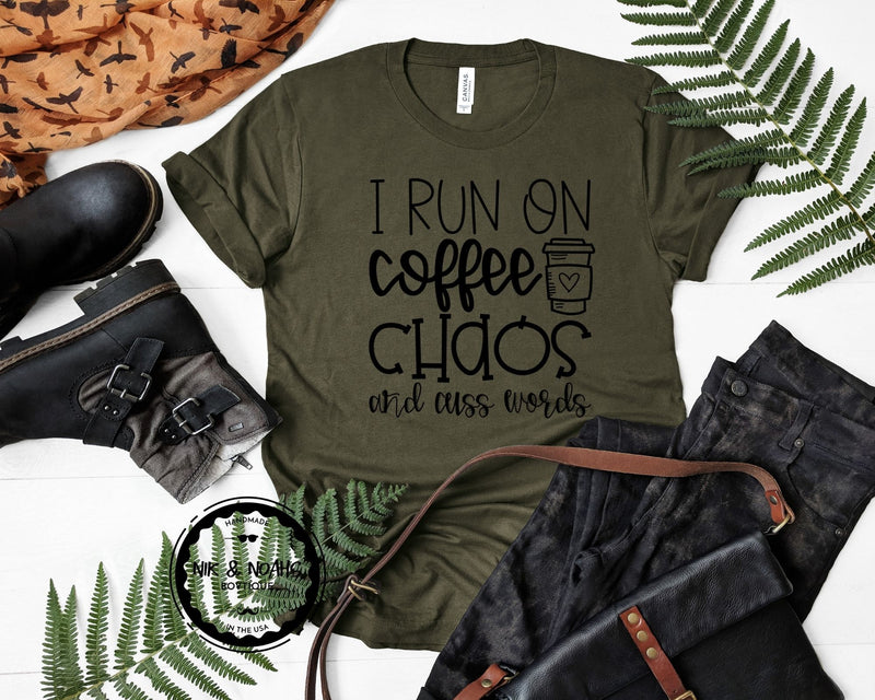 i run on coffee chaos and cuss words womens shirt fall shirt funny with sayings for moms graphic tee