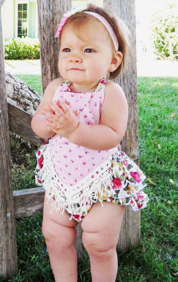 Baby Girl Floral Print Romper - Vintage Floral Print Baby Clothes - Headband - Baby Girl Outfits - Vintage Baby Rompers - Pink - White - Green - Rosebuds