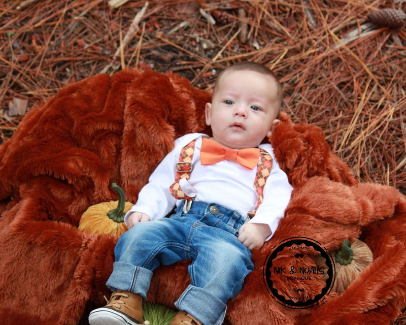 baby boy fall thanksgiving outfit argyle suspenders orange bow tie onsesie thanksgiving