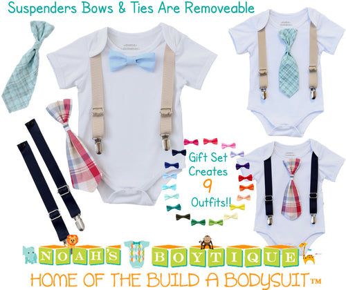 Baby Boy Gift - New Baby Present - Newborn Baby Boy - Cute Outfits for Boys - Ties and Suspenders - Baby Bow Ties - Gift Set - Baby Clothes - Noah's Boytique Bodysuit - Baby Boy First Birthday Outfit