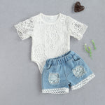 Baby Girl White Lace Top with Distressed Denim Shorts Eyelet Hem Summer Outfit