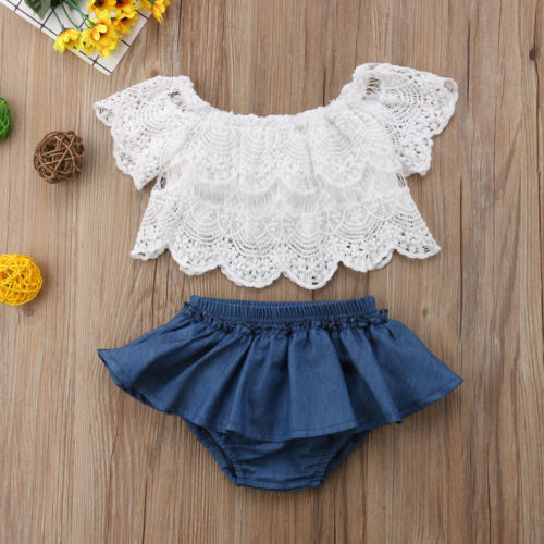 Summer Baby Girls Off Shoulder White Lace Tops and Denim Skirt Bloomer Shorts Dress Outfits Clothes