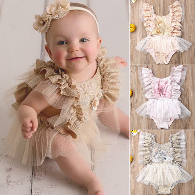 Baby girl chiffon romper ruffle lace detail feminine first birthday outfit tutu romper