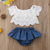 Summer Baby Girls Off Shoulder White Lace Tops and Denim Skirt Bloomer Shorts Dress Outfits Clothes